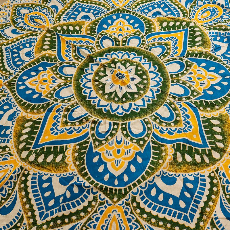 Grand Mandala Rond En Coton (180cm) - Jaune & Bleu