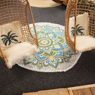 Grand Mandala Rond En Coton (180cm) - Jaune & Bleu