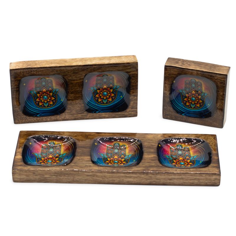 Set de Plateaux Moyens Émaillés En Bois de Manguier- Hamsa