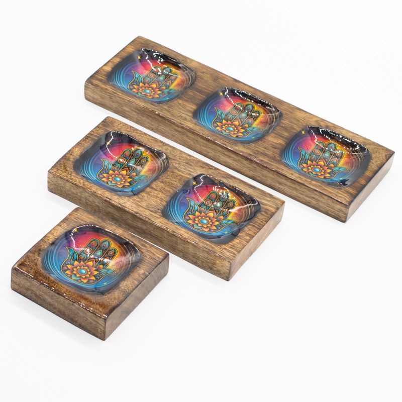 Set de Plateaux Moyens Émaillés En Bois de Manguier- Hamsa