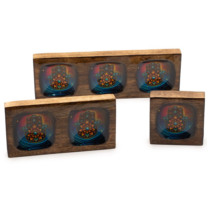 Set de Plateaux Moyens Émaillés En Bois de Manguier- Hamsa