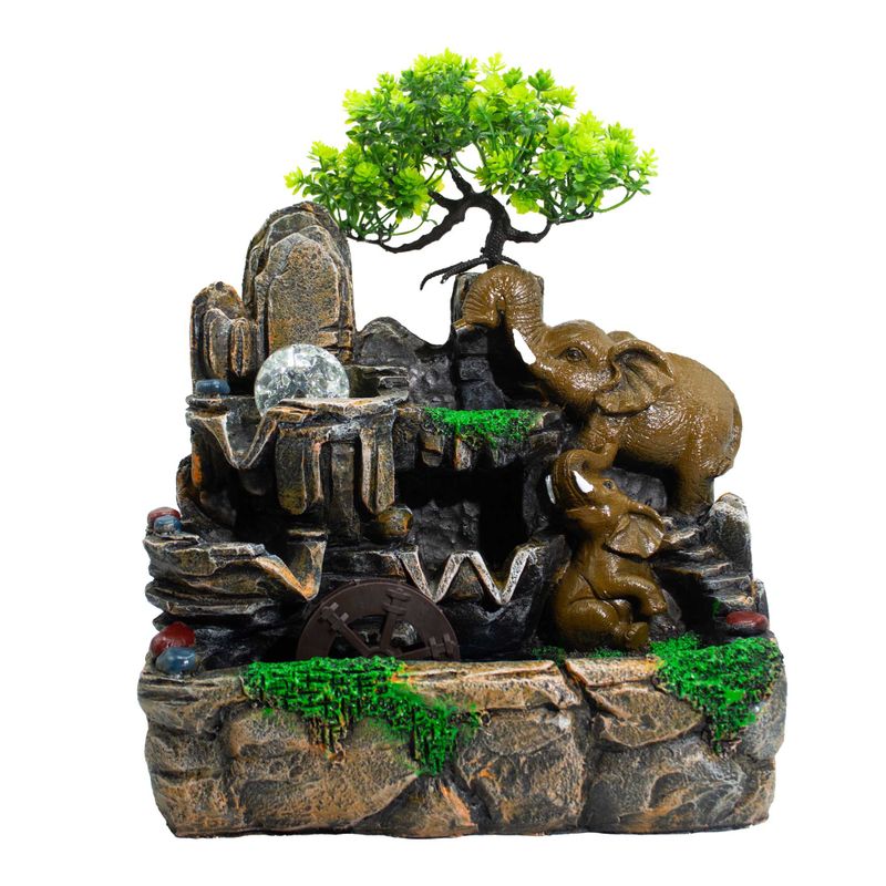 Fontaine de Table - 30x20x35 cm - Éléphants Amoureux, Boule de Cristal, Lumière & Moulin à Eau