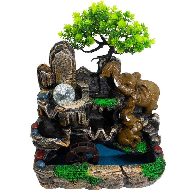Fontaine de Table - 30x20x35 cm - Éléphants Amoureux, Boule de Cristal, Lumière & Moulin à Eau