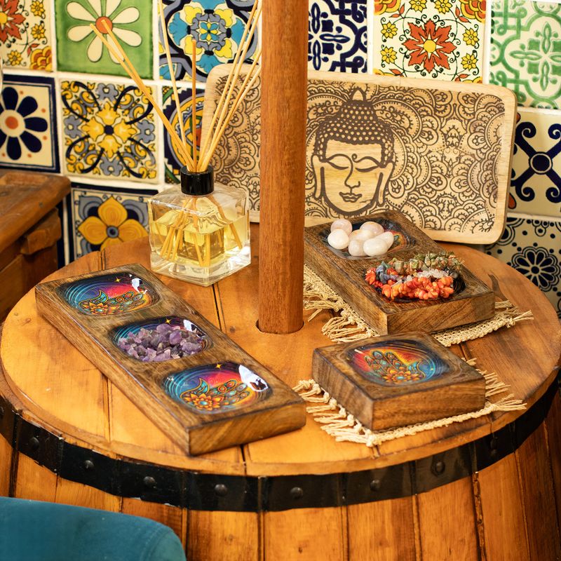 Set de Plateaux Moyens Émaillés En Bois de Manguier- Hamsa
