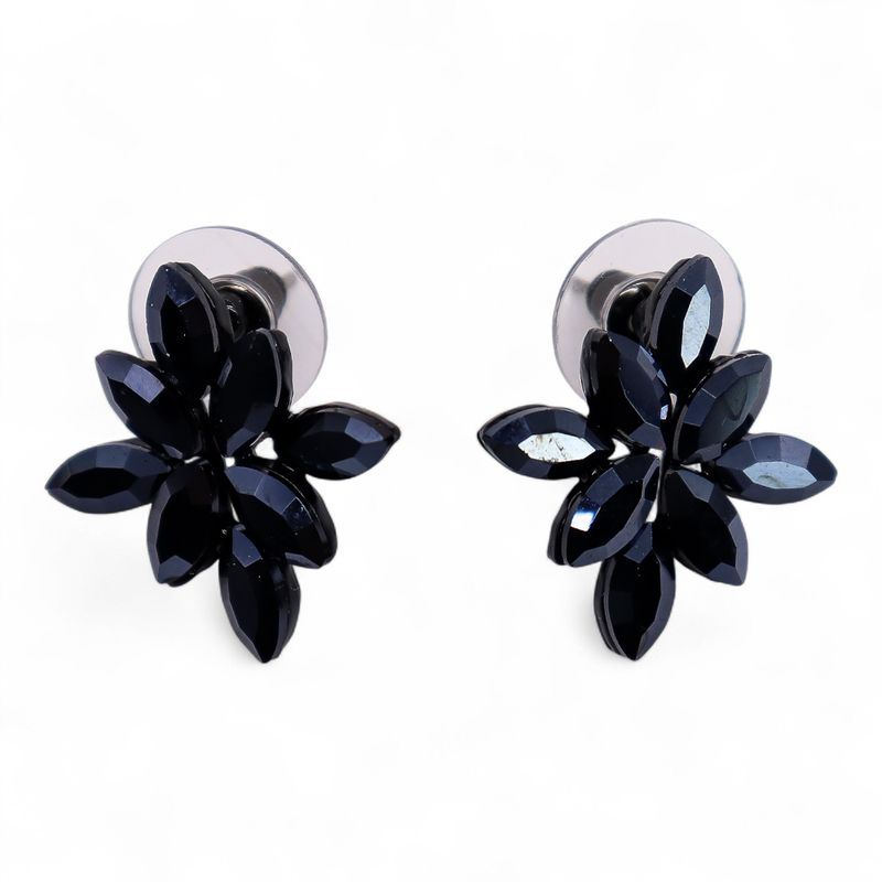 Boucles d’Oreilles Noir Jais - Verre Vintage - Fleurs