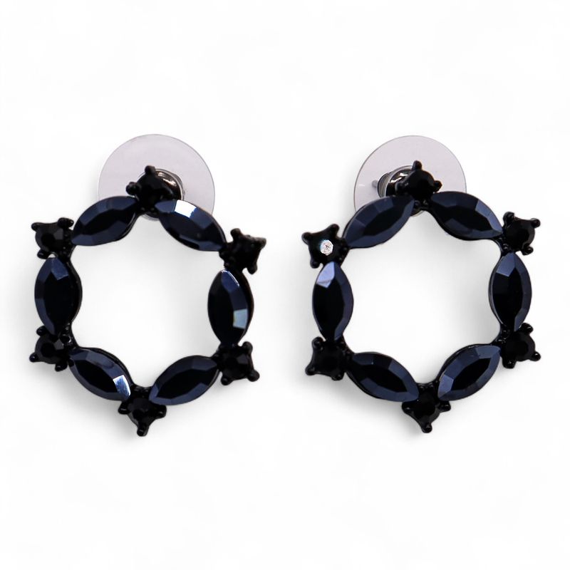 Boucles d’Oreilles Noir Jais - Verre Vintage - Anneaux