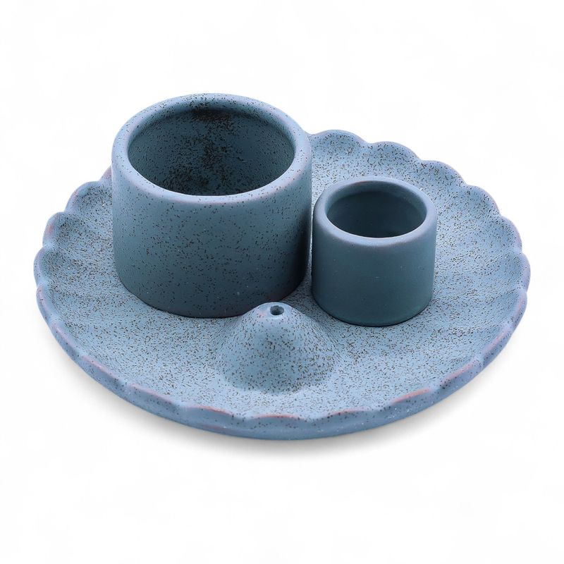 Porte-Encens et Supports en Céramique pour Palo Santo - Fleur de Lotus - Bleu Mat