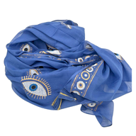 Sari Nomade Collection On the Med - Paréo - Bleu Profond & Or - Motif Œil Protecteur Peint à la Main