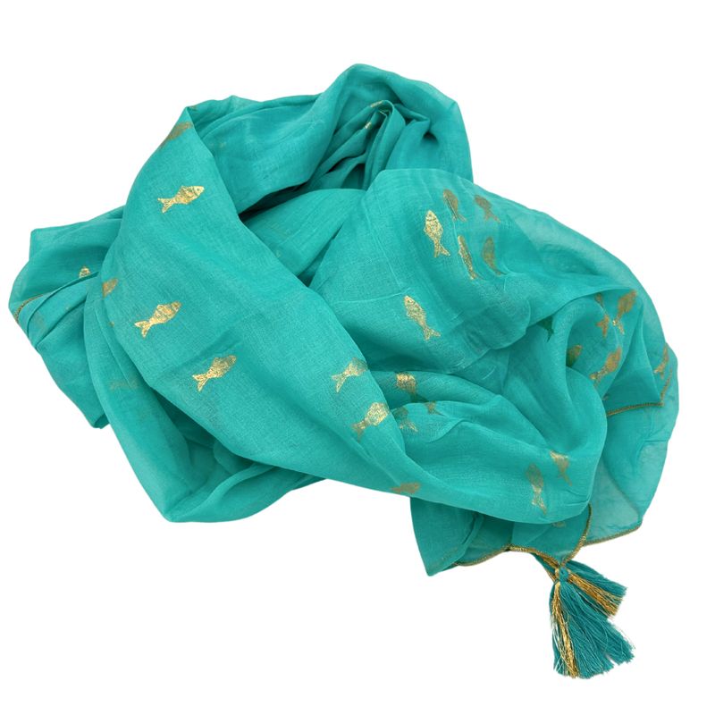 Sari Nomade Collection On the Med - Paréo - Turquoise & Or - Motif Poisson