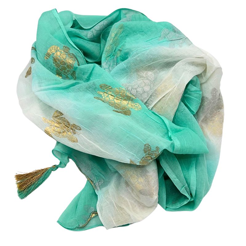 Sari Nomade Collection On the Med - Paréo - Blanc & Turquoise Or - Motif Tortue