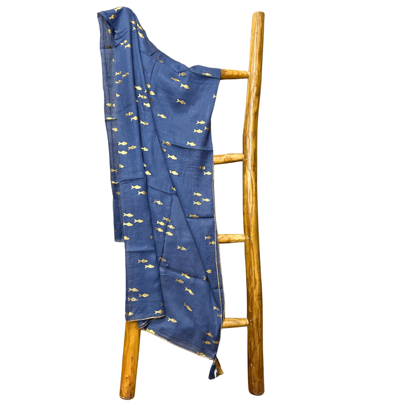 Sari Nomade Collection On the Med - Paréo - Bleu Océan & Or - Motif Poisson