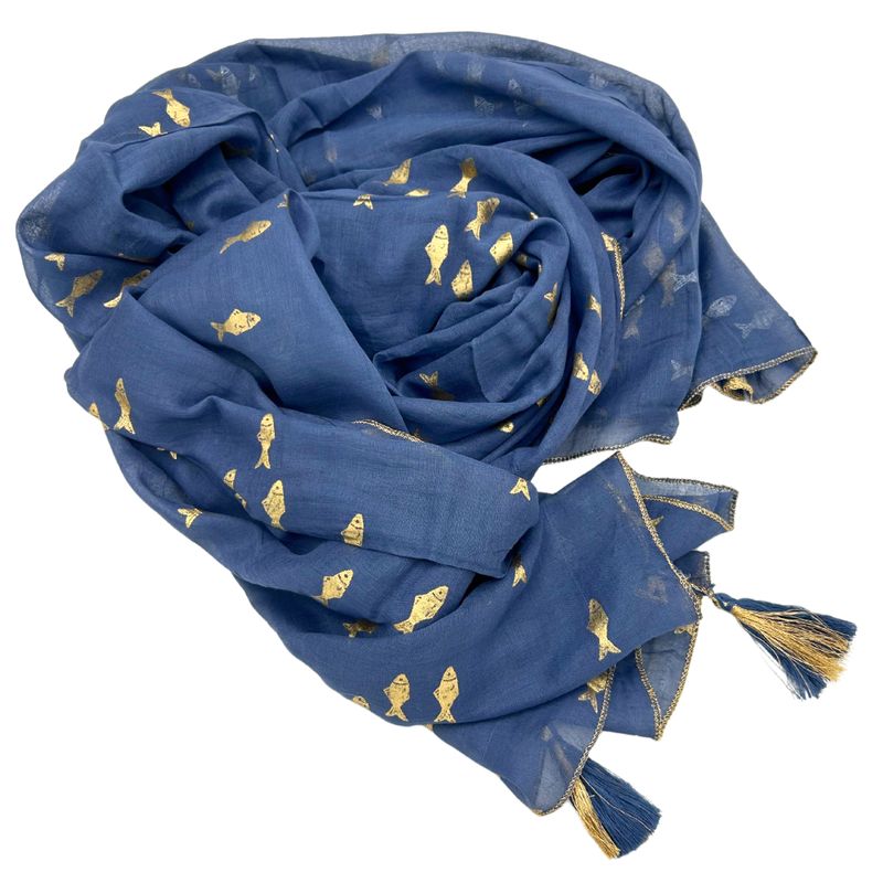 Sari Nomade Collection On the Med - Paréo - Bleu Océan & Or - Motif Poisson