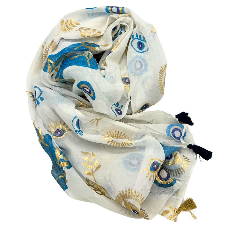 Sari Nomade Collection On the Med - Paréo - Blanc, Bleu & Or - Motif Œil Protecteur