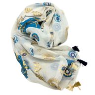 Sari Nomade Collection On the Med - Paréo - Blanc, Bleu & Or - Motif Œil Protecteur