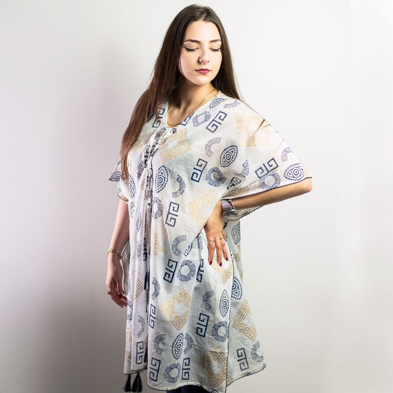 Sari Nomade Collection On the Med - Kaftan - Bleu & Or - Motif Grec Peint à la Main