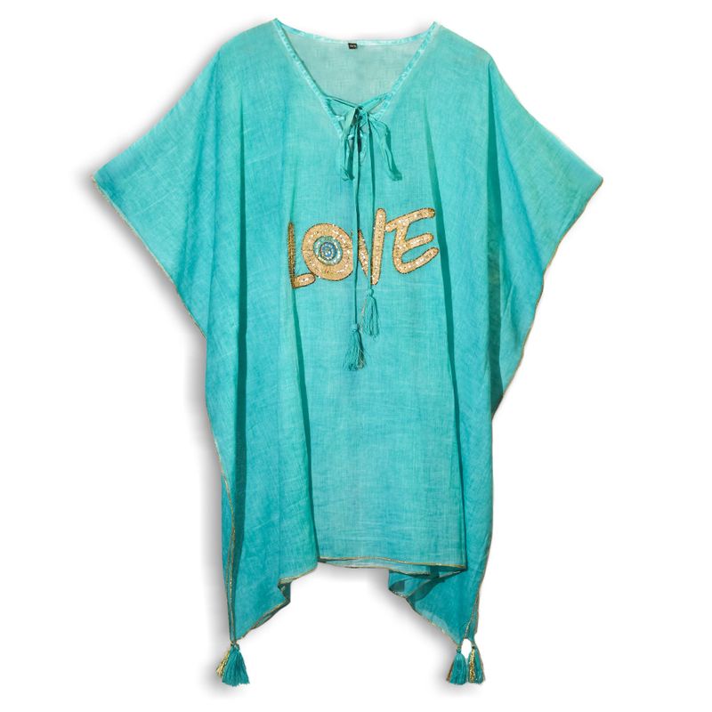 Sari Nomade Collection On the Med - Kaftan - Turquoise & Or - Motif Love