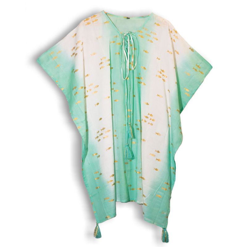 Sari Nomade Collection On the Med - Kaftan - Blanc, Turquoise & Or - Motif Poisson