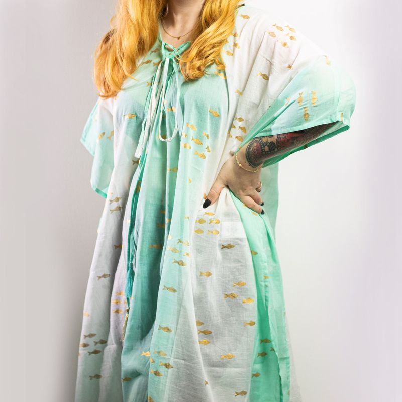 Sari Nomade Collection On the Med - Kaftan - Blanc, Turquoise & Or - Motif Poisson