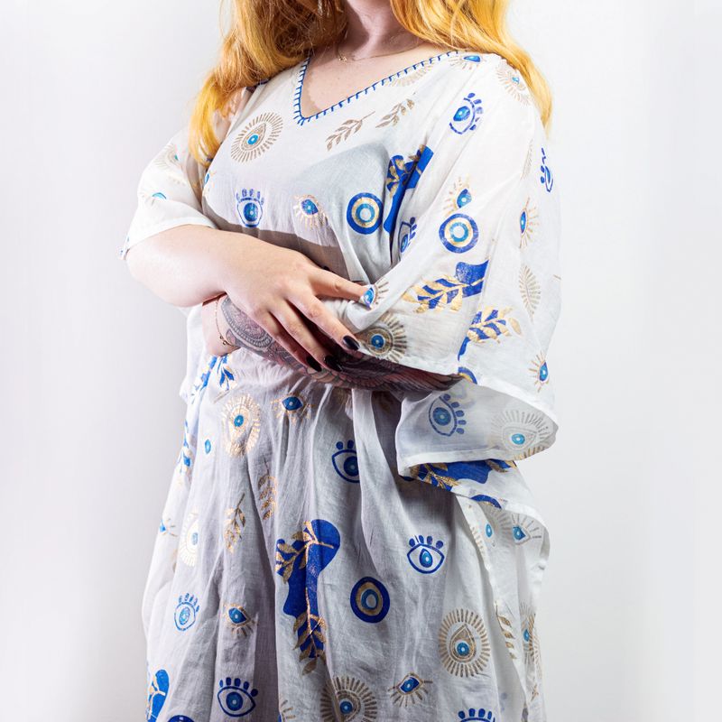 Kaftan Collection Nomad Sari - Blanc, Bleu & Or - Motif Œil Protecteur