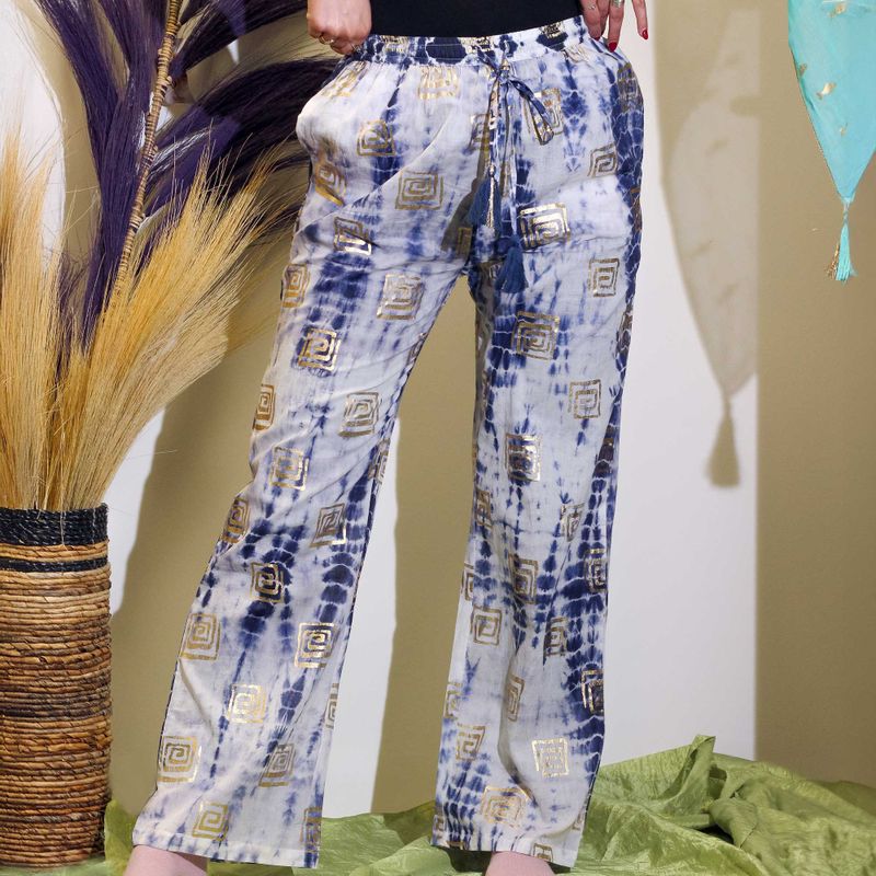 Pantalon de Détente Collection Nomad Sari - Bleu & Or - Motif Grec