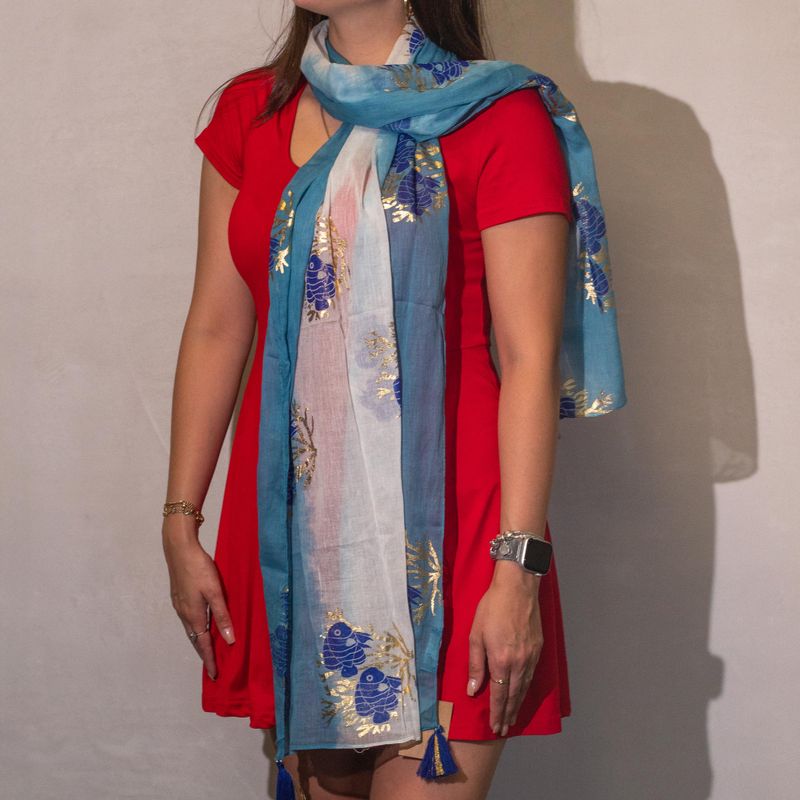 Nomad Sari  - Foulard d'Été -  180x50cm - Aqua Fish - Bleu Marin