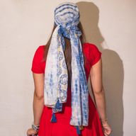 Nomad Sari  - Foulard d'Été-  180x50cm - Imprimé Marbella - Bleu avec Bordure Dorée