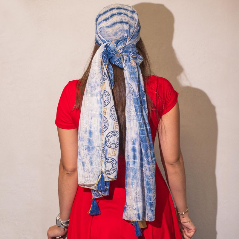 Nomad Sari  - Foulard d'Été-  180x50cm - Imprimé Marbella - Bleu avec Bordure Dorée