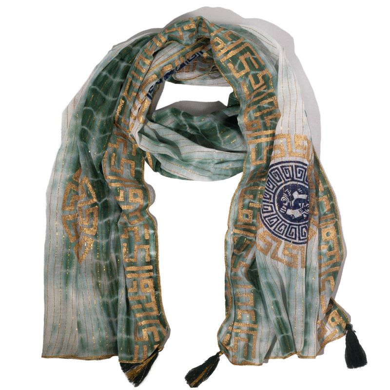 Nomad Sari  - Foulard d'Été -  180x50cm -  Imprimé Marbella - Vert avec Bordure Dorée