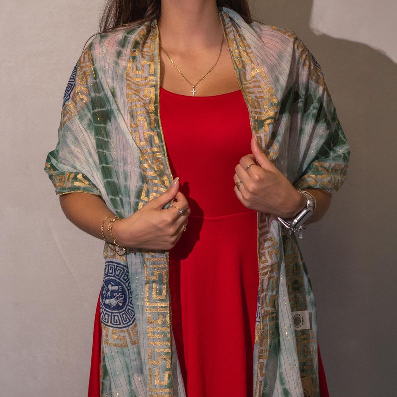 Nomad Sari  - Foulard d'Été -  180x50cm -  Imprimé Marbella - Vert avec Bordure Dorée