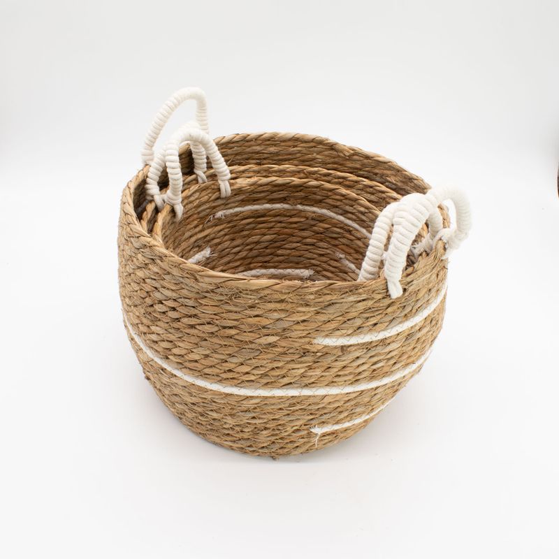 Grands paniers en coton et herbe marine - Rayures naturelles - Ensemble de 3 (32,5 cm 29,5 cm 24 cm)