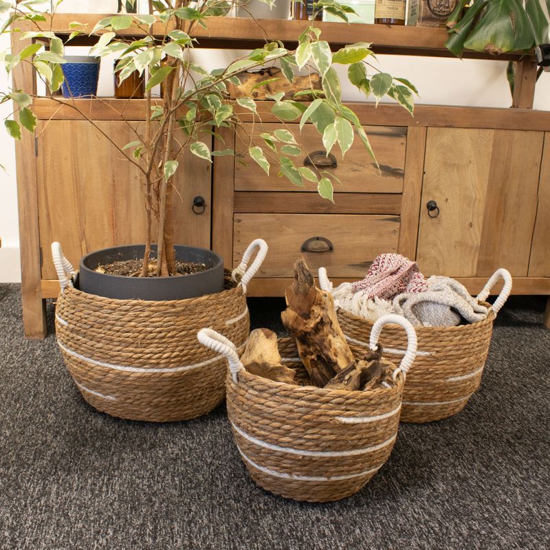 Grands paniers en coton et herbe marine - Rayures naturelles - Ensemble de 3 (32,5 cm 29,5 cm 24 cm)