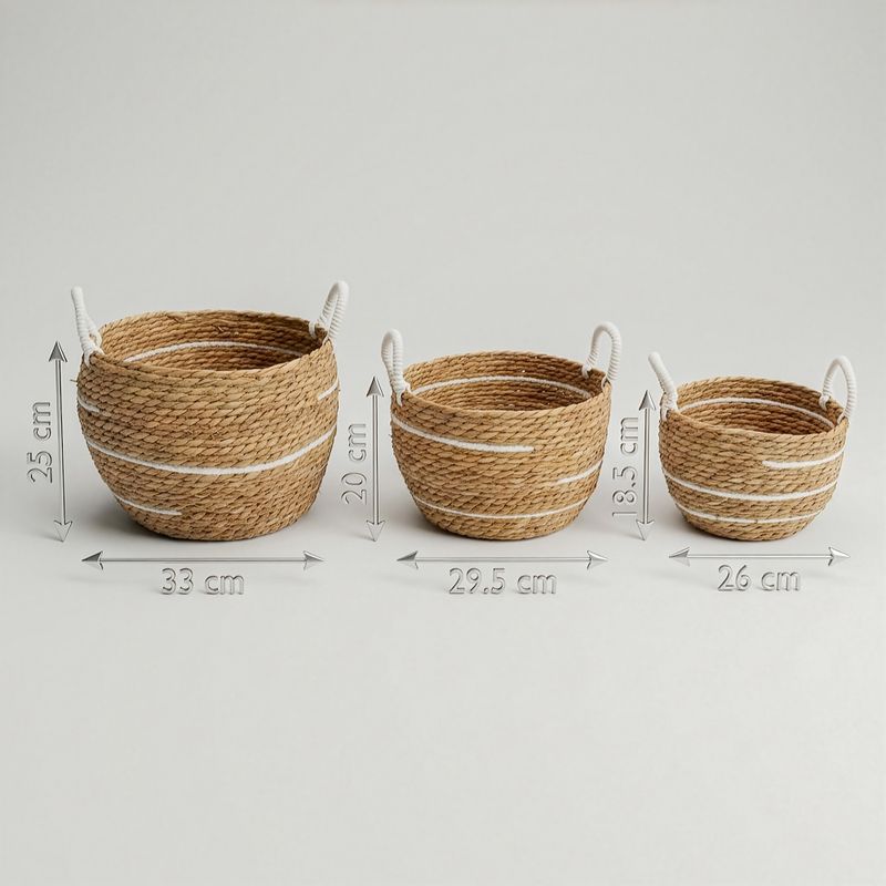 Grands paniers en coton et herbe marine - Rayures naturelles - Ensemble de 3 (32,5 cm 29,5 cm 24 cm)