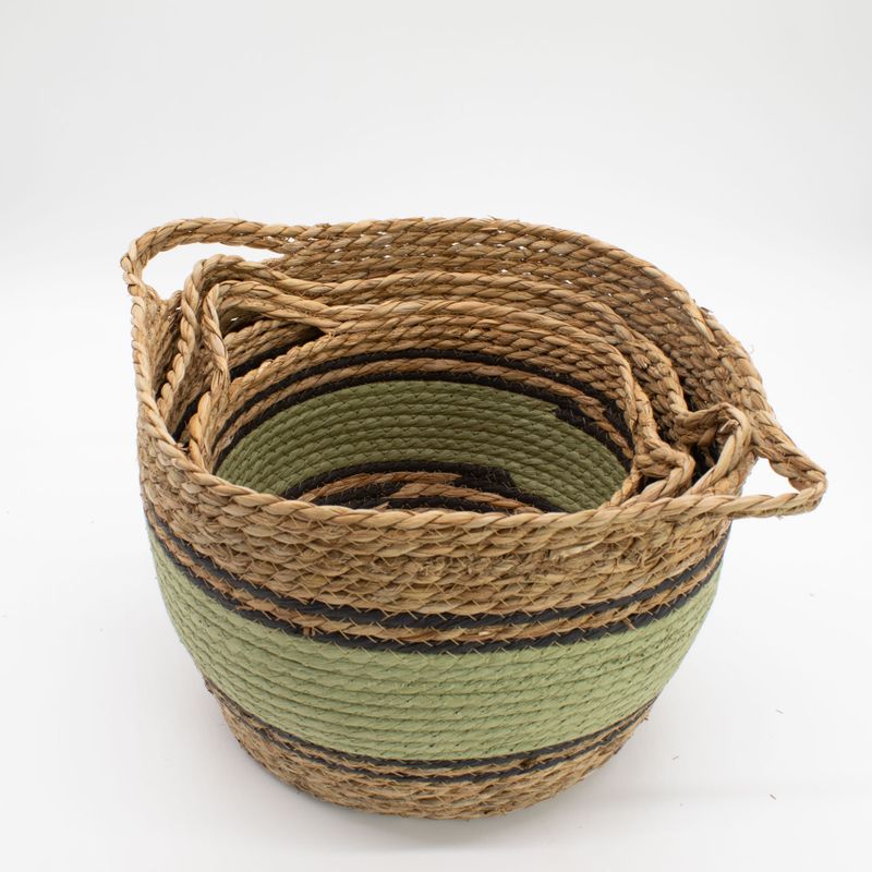 Grands paniers en coton et herbe marine - naturel, noir et vert - ensemble de 3