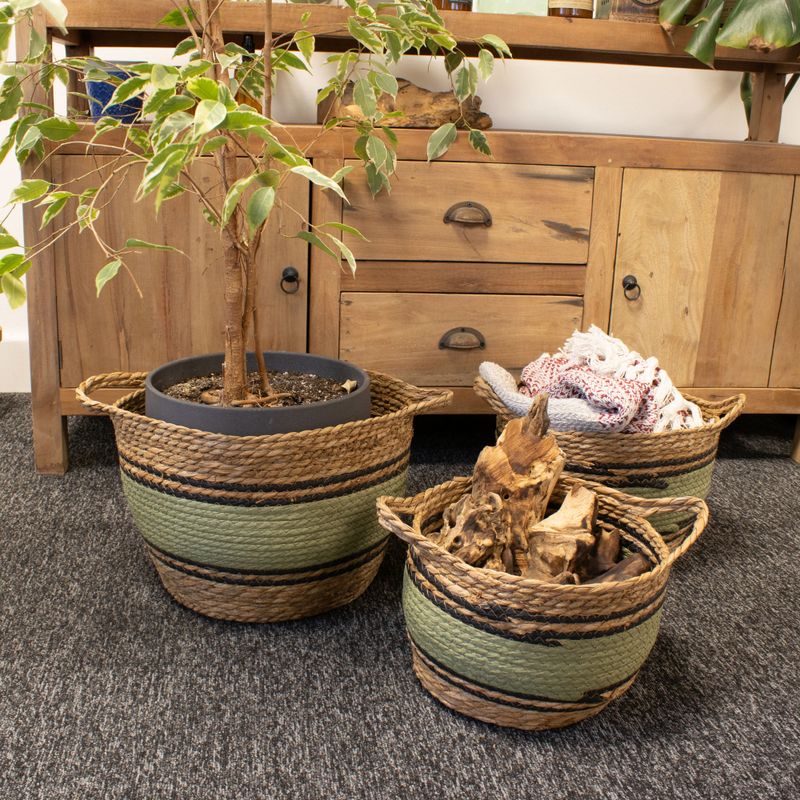 Grands paniers en coton et herbe marine - naturel, noir et vert - ensemble de 3