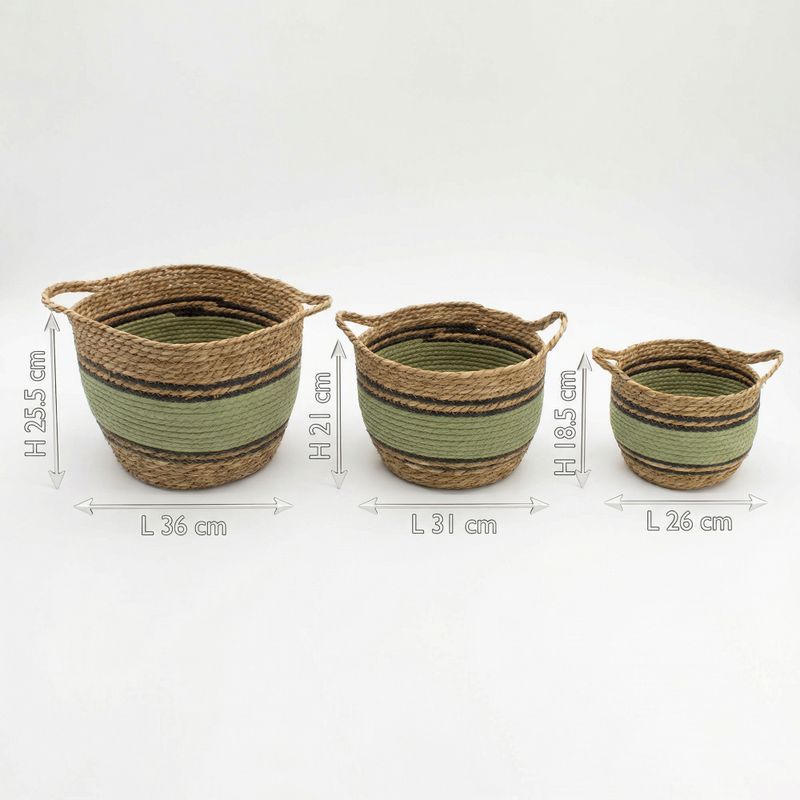 Grands paniers en coton et herbe marine - naturel, noir et vert - ensemble de 3