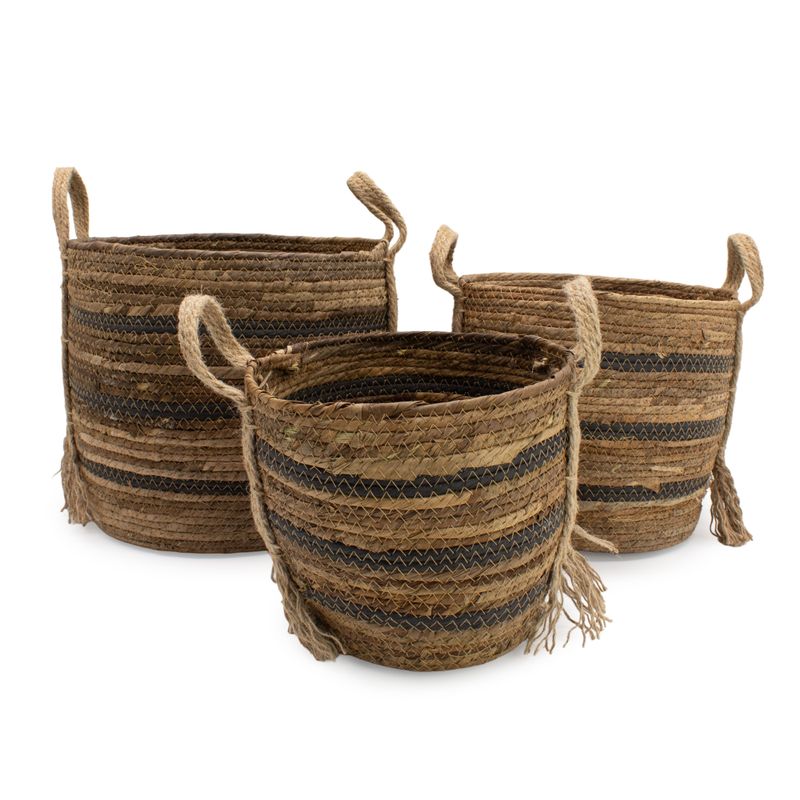 Paniers larges en feuilles de bananier et d'herbe marine - bruns naturels - ensemble de 3