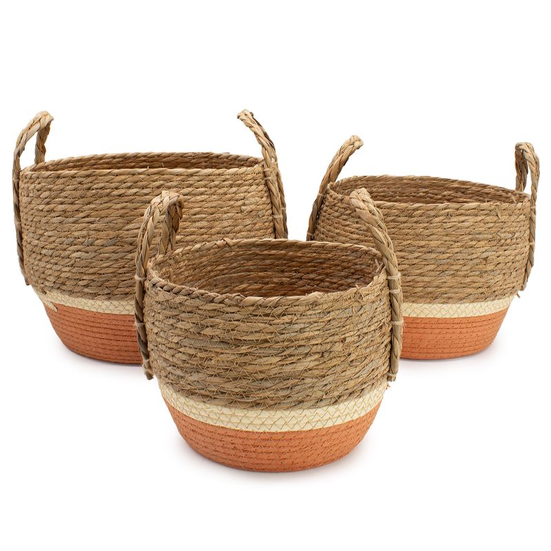 Grands paniers en paille et herbe marine - naturel et orange - ensemble de 3