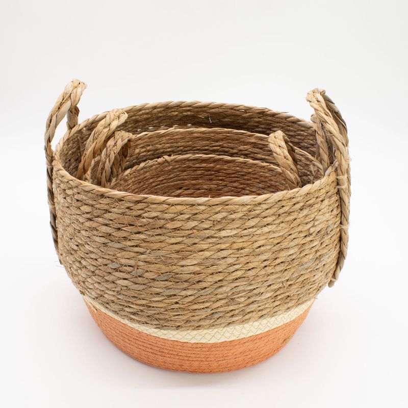 Grands paniers en paille et herbe marine - naturel et orange - ensemble de 3