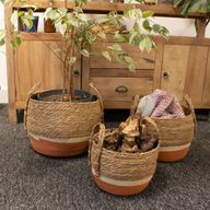 Grands paniers en paille et herbe marine - naturel et orange - ensemble de 3