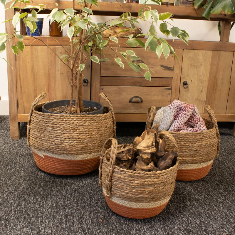 Grands paniers en paille et herbe marine - naturel et orange - ensemble de 3
