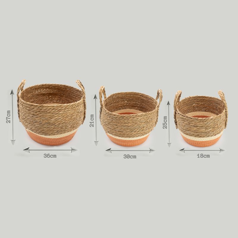 Grands paniers en paille et herbe marine - naturel et orange - ensemble de 3