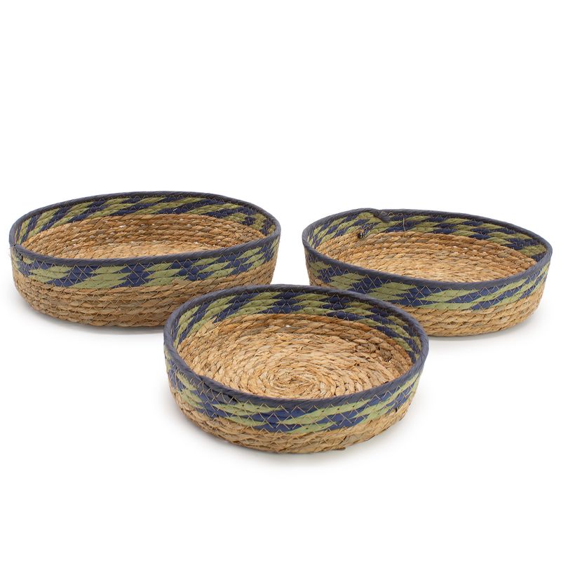 Paniers de plateau en paille et en herbe marine - vert naturel et bleu - Ensemble de 3
