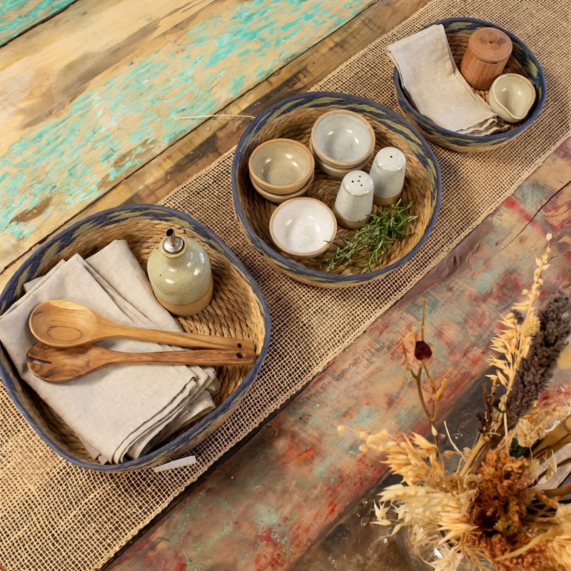 Paniers de plateau en paille et en herbe marine - vert naturel et bleu - Ensemble de 3