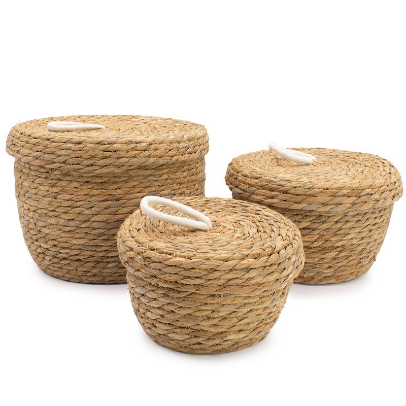 Panier rond en herbe marine et coton avec couvercles - naturel - lot de 3