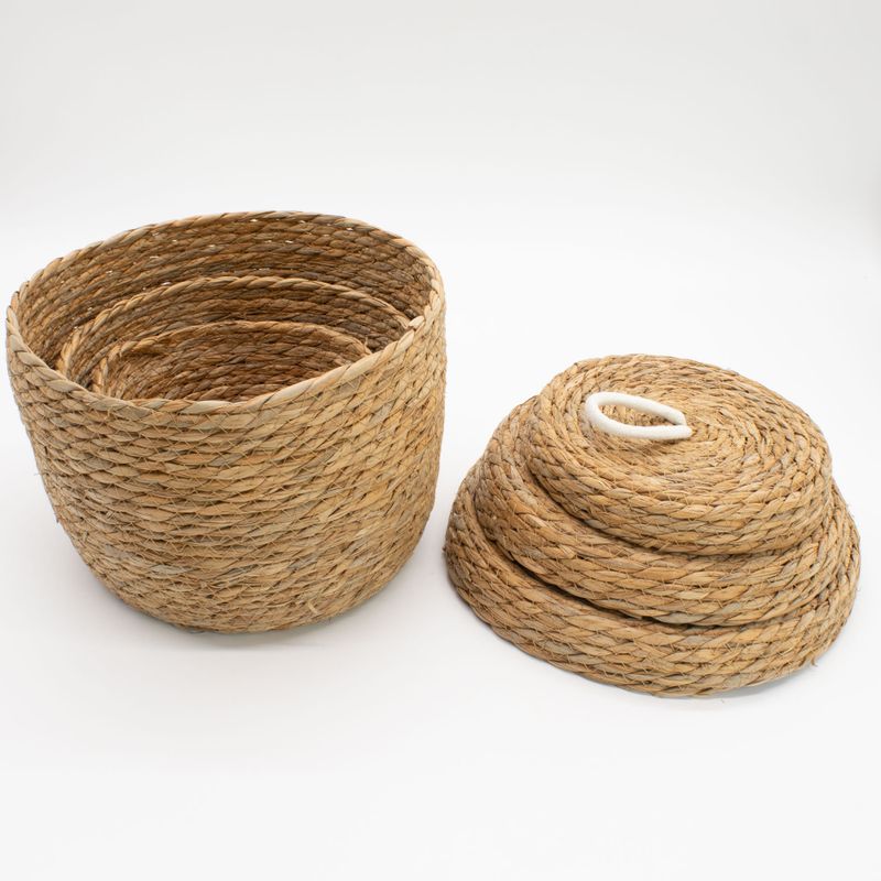 Panier rond en herbe marine et coton avec couvercles - naturel - lot de 3