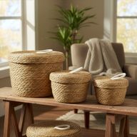 Panier rond en herbe marine et coton avec couvercles - naturel - lot de 3