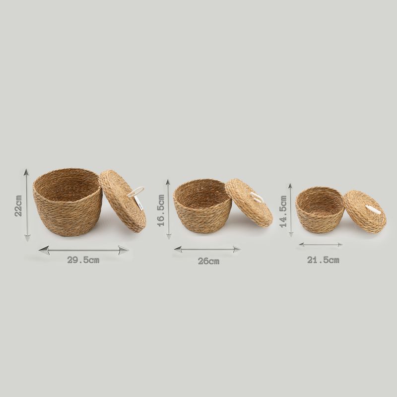 Panier rond en herbe marine et coton avec couvercles - naturel - lot de 3