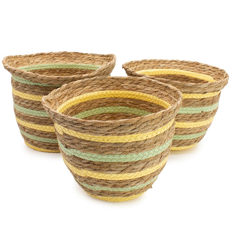 Paniers en herbe de mer et en paille en forme de vase - Jaune et vert naturels - Ensemble de 3
