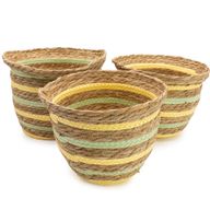 Paniers en herbe de mer et en paille en forme de vase - Jaune et vert naturels - Ensemble de 3