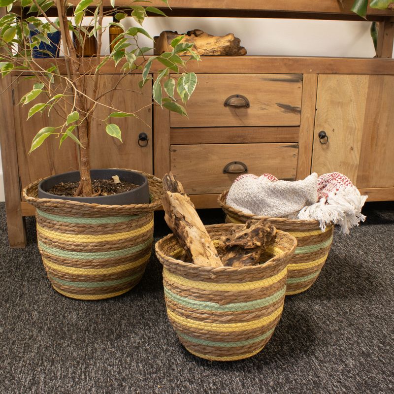 Paniers en herbe de mer et en paille en forme de vase - Jaune et vert naturels - Ensemble de 3